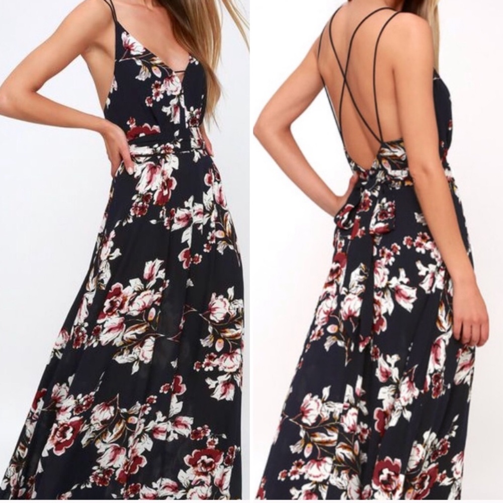 Lulus Navy Blue Floral Cross Straps Maxi Dress
